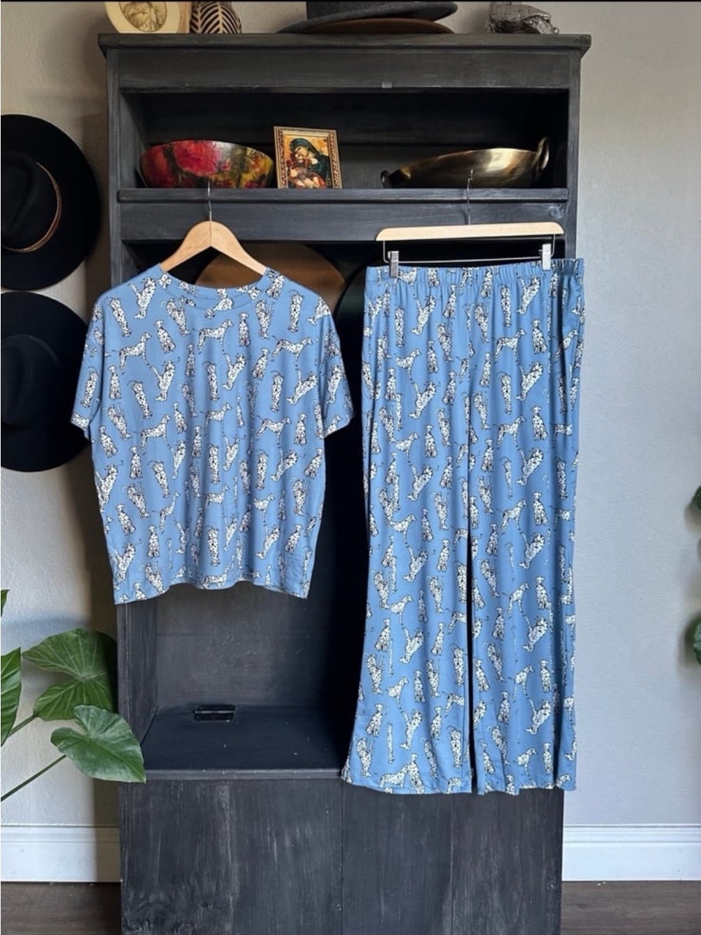 Womens Pajama Set - Short Sleeve Top & Wide Leg Pants Dalmatian Print - Large